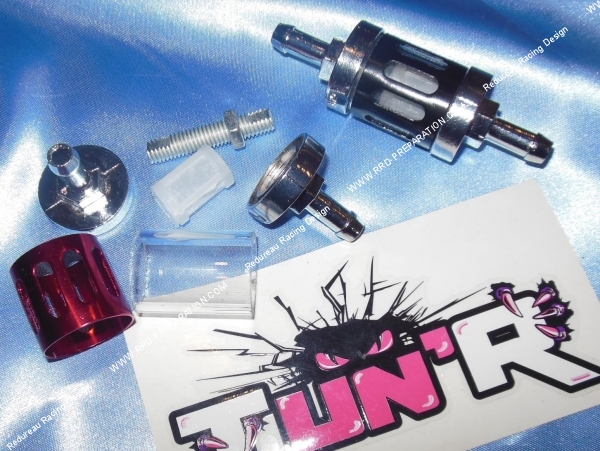 vue Filtre à essence de durite Ø8mm TUN'R usiné, démontable, chromé, rouge ou noir