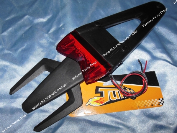 vue Feu arrière avec bavette et support de plaque TUN'R à leds rouge pour moto 50cc, 125cc