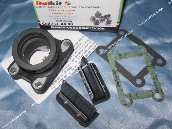 vue Kit d'admission pipe souple + clapets 8 lamelles carbone ITALKIT COMPETITION pour moto 50cc minarelli am6  derbi