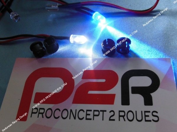 vue allumé 2 leds a clipser P2R avec support couleurs bleu ou blanc