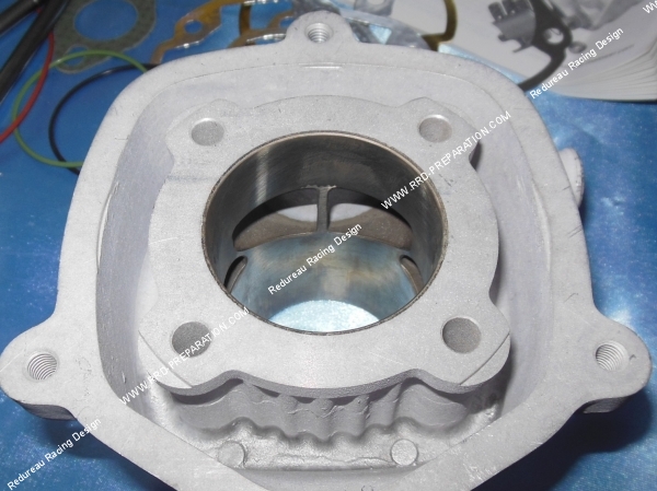 vue echappement Cylindre  piston 70cc Ø47mm sans culasse MALOSSI MHR TEAM aluminium (axe 12mm) minarelli horizontal liquide (nitro, aerox, ...)