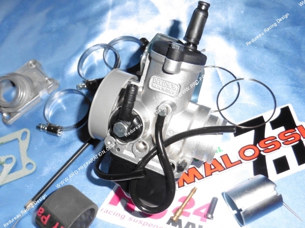 vue ensemble Kit carburation MALOSSI PHBH Ø26mm avec pipe, manchon, collier, durite... pour moto HONDA 75  80 MBX, MTX, NSR...