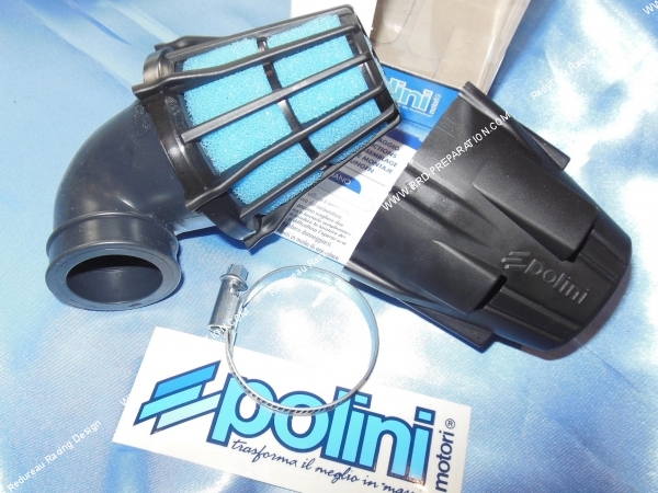zoom Filtre à air, cornet mousse POLINI NEW Grand noir avec cache coudé a 90° (Ø de fixation carburateur Ø3237 et 46mm)