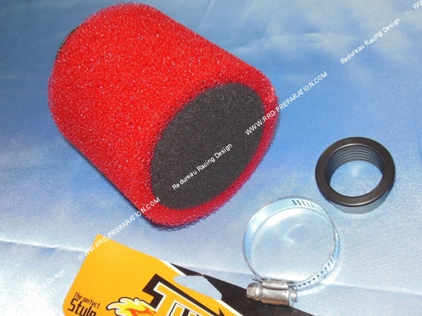 zoom Filtre à air, cornet mousse rouge TUN'R double mousse coudé à 30° (Ø de fixation carburateur Ø28mm a 35mm)