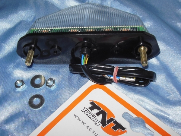 zoom Feu arrière TNT TUNING à leds avec clignotants intégrés pour DERBI SENDA, X-RACE, X-TREM, DRD, RIEJU RS2…