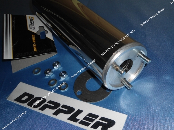 zoom Silencieux, cartouche DOPPLER aluminium 3 trous entre axe 36mm pour pot d'échappement ER1 ou autre passage à droite