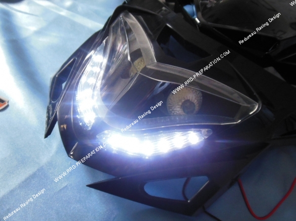 zoom Tête de fourche TNT ENDURO avec feux de jour pour moto, mob... Noire, Carbone ou blanche